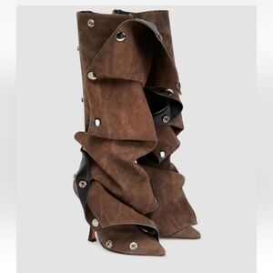 Karonairy Ruffled Brown and Black Heeled Boots